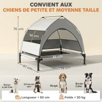PawHut Lit pour Chien Surélevé Tente pour Chien avec Auvent Tente 3 Côtés Respirant Textilène Sac 76x61x70cm Gris Clair(m-3)
