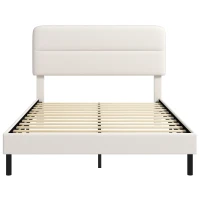 HOMCOM Cadru pat 140 x 200 cm cu tăblie reglabilă, pat tapițat cu aspect de in și 12 lamele din placaj, bej(m-1)