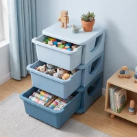 HOMCOM Organisateur de jouets pour enfants avec tiroirs à 3 niveaux, boîtes de rangement en plastique, 37 x 37 x 56,5 cm, bleu(m-10)