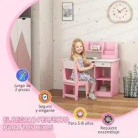 ZONEKIZ Escritorio y Silla para Niños con Almacenaje para Estudio Lectura y Juegos Mesa 90x45x90 cm y Silla 35x31,5x65 cm Rosa(m-6)