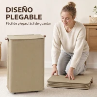 HOMCOM Cesto de Ropa Sucia con Tapa y Ruedas 50L Cesta de Ropa Sucia Plegable con Bolsa con Cordón Extraíble 40x30x65 cm Camel(m-5)