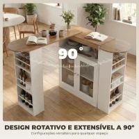 HOMCOM Mesa de Bar Extensível e Rotativa 360° com Prateleiras Abertas e 2 Portas de Vidro 150x80x105,5 cm Branco e Madeira(m-4)