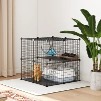 PawHut Enclos pour Chat 70 cm, Cage pour Chat en Acier avec 2 Portes, Design Modulaire DIY pour Chats de moins de 4 kg, 2 Niveaux avec Plateforme et Hamac, Noir(m-10)