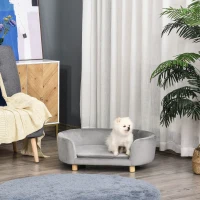 PawHut Sofá para Cães Pequenos com Pés de Madeira Almofada Removível e Capa Lavável  86x55x33 cm Cinzento Claro(m-2)