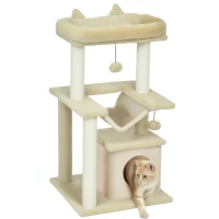 PawHut Krabpaal met Speelgoed, Zitstok, Hangmat, 48 x 48 x 90 cm, Crème(m-11)