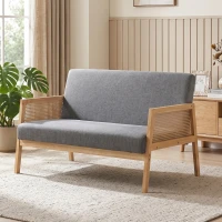 HOMCOM Sofá de 2 Lugares com Efeito Linho Detalhes em Vime Sintético e Estrutura em Madeira até 240 kg 115x77x77 cm Cinza(m-10)