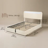 HOMCOM Cama con Arcón 160x200 cm con LED RGB Cabecero Ajustable y Almacenamiento Hidráulico Crema(m-3)