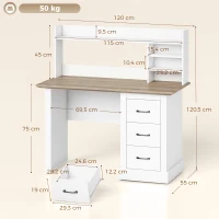 HOMCOM Escritorio para Ordenador con 3 Cajones, 120x55cm, Escritorio con Almacenamiento, Estantes Abiertos y Gran Superficie, Roble y Blanco(m-3)