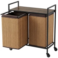 HOMCOM Coș rufe din bambus 2 compartimente 120 L colector rufe cu raft, cutie de rufe sac de rufe, pe roți 73x33x78 cm, Maro(m-1)
