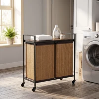 HOMCOM Cesto de Roupa Bambu 2 Compartimentos 120 L Coletor de Roupa com Prateleira Apoio Caixa de Roupa Saco Removível Com Rodas 73x33x78 cm Castanho(m-4)