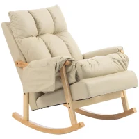 HOMCOM Silla Mecedora de Leathaire con Bolsillos Laterales Patas de Madera Acolchado Grueso para Salón Dormitorio Beige(m-11)