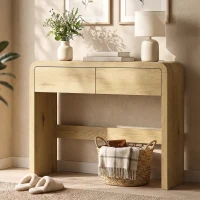 HOMCOM Consolă cu 2 sertare, mobilier consolă, 100 x 30 x 85 cm, colțuri rotunjite și blat gros, lemn natural(m-7)