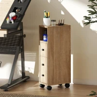 kleankin Armario de Baño con Ruedas Mueble Auxiliar para Baño con Estante Abierto Puerta y Cajón 18x30x68,5 cm Roble(m-7)