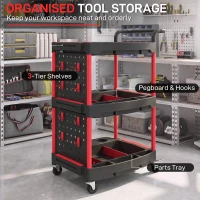 HOMCOM 3-Tier Rolling Tool Cart with Pegboard and Hooks, Storage Trolley Wheel Cart with Brakes, Black & Red(m-4)