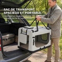 PawHut Sac de transport pour chien souple avec sangle de sécurité, coussin lavable et gamelle pliable, gris clair(m-4)