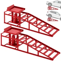 HOMCOM Lot de 2 Rampes d'Accès avec Cric Hydraulique 3T, Hauteur Réglable, Largeur d'Accès 230mm, 114x34,5x27cm, Rouge(m-16)