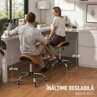 HOMCOM Scaun de Lucru Tip Șa cu Roți și Înălțime Reglabilă pentru Saloane de Coafură și Studiouri de Tatuaje, 52x53x49-61 cm, Maro(m-4)