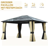 Outsunny Hardtop-Gartenpavillon 4,2 x 3,6 m, Vorhänge mit Fliegennetz, Alugestell, Braun+Creme(m-4)