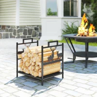 Outsunny Estante de Leña Metálico con Asas 42,5x33,5x43 cm Soporte de Madera para Chimenea para Jardín Terraza Negro(m-9)