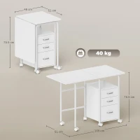 HOMCOM 105 x 51 cm Foldable Office Deskwith 3 Drawers, Extendable Top, Wheels, White(m-3)
