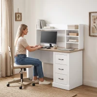 HOMCOM Escritorio para Ordenador con 3 Cajones, 120x55cm, Escritorio con Almacenamiento, Estantes Abiertos y Gran Superficie, Roble y Blanco(m-5)