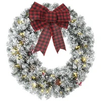 HOMCOM Corona de Navidad Puerta Efecto Nevado con 50 LED Luces Piñas Bayas y Lazo Festivo para Chimenea Pared Ventana(m-1)