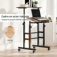 HOMCOM Bureau assis debout bureau réglable en hauteur 60 x 60 cm à roulettes avec plateau inclinable cadre métal brun rustique(m-7)