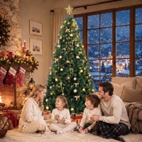 HOMCOM Árbol de Navidad Decorativo 180 cm con 240 LED 755 Ramas Ignífugas Estrella 30 Bolas 18 Lazos Decoración Dorado Verde(m-8)
