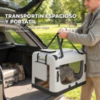 PawHut Transportín Perros Gatos Plegable 60x42x44 cm Correa para Coche Cojín Lavable Cuenco Plegable 2 Bolsillos Gris Claro(m-4)