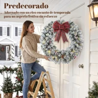 HOMCOM Corona de Navidad Puerta Efecto Nevado con 50 LED Luces Piñas Bayas y Lazo Festivo para Chimenea Pared Ventana(m-6)