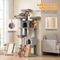 PawHut Kratzbaum Groß 184 cm hoch Katzenbaum mit 3 Kratzstämmen Liegeflächen Spielball Hängematte Leiter, Katzen unter 6 kg(m-7)