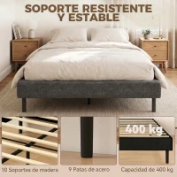 HOMCOM Cama Tapizada 144x195 cm con Funda de Chenilla Somier de Lamas de Madera Patas de Acero Fácil Montaje Carga 400 kg Gris(m-4)