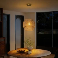 HOMCOM Lampe suspendue, abat-jour à 3 niveaux, métal, corde de chanvre, brun clair(m-6)