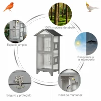 PawHut Jaula para Pájaros de Madera con 3 Puertas 4 Perchas Bandeja Extraíble y Techo Asfáltico 80,5x57x153 cm Gris Claro(m-7)