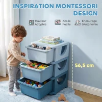 HOMCOM Organisateur de jouets pour enfants avec tiroirs à 3 niveaux, boîtes de rangement en plastique, 37 x 37 x 56,5 cm, bleu(m-6)