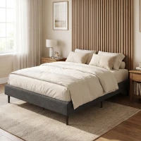 HOMCOM Cama Tapizada 144x195 cm con Funda de Chenilla Somier de Lamas de Madera Patas de Acero Fácil Montaje Carga 400 kg Gris(m-9)