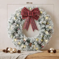 HOMCOM Corona de Navidad Puerta Efecto Nevado con 50 LED Luces Piñas Bayas y Lazo Festivo para Chimenea Pared Ventana(m-3)