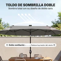 Outsunny Sombrilla de Jardín Doble 295x150x219 cm con Luces LED Solares Toldo con Inclinación Ajustable y Manivela Manual Gris(m-6)
