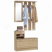 HOMCOM Cuier 3 în 1 cu Suport pentru Pantofi și Oglindă, Cârlige și Sertare, din Lemn, 90x24x177 cm, Culoare Stejar(m-11)