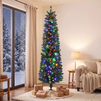 HOMCOM schlanker Weihnachtsbaum 180 cm mit 170 bicolor-LEDs, 351 PVC-Zweigen, Zapfen, roten Beeren und Fernbedienung, Grün(m-2)