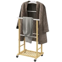 HOMCOM Cabide de Pé de Bambu com Rodas Cabide para Roupas com Barras para Calças e Prateleira Inferior para Sapatos Estilo Nórdico 47x33,7x105,5 cm Madeira e Branco(m-11)