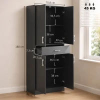 HOMCOM Aparador Alto Armário de Cozinha 4 Portas 2 Armários e 1 Gaveta Central Altura 180 cm com 2 Prateleiras Reguláveis Preto(m-3)
