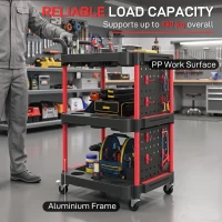 HOMCOM 3-Tier Rolling Tool Cart with Pegboard and Hooks, Storage Trolley Wheel Cart with Brakes, Black & Red(m-6)