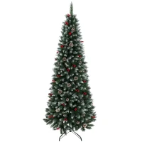 HOMCOM Brad de Crăciun Creion Nins 210 cm cu 818 Crengi Bobițe Roșii Conuri Bază Metalică Pliabilă Deschidere Automată Verde(m-8)