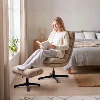 HOMCOM Wohnzimmersessel mit verstellbarem Fußhocker, Rotation 360 °, gesteppter Leinen-Sessel, breite Sitzfläche, Braun(m-5)