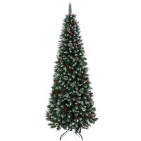 HOMCOM Brad de Crăciun Creion Nins 210 cm cu 818 Crengi Bobițe Roșii Conuri Bază Metalică Pliabilă Deschidere Automată Verde(m-1)