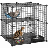 PawHut Enclos pour Chat 70 cm, Cage pour Chat en Acier avec 2 Portes, Design Modulaire DIY pour Chats de moins de 4 kg, 2 Niveaux avec Plateforme et Hamac, Noir(m-12)