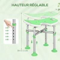 HOMCOM Tabouret de Douche, Hauteur Ajustable 39-51,5 cm, Barre d'Appui à Ventouse, Patins à Ventouse, Vert(m-5)