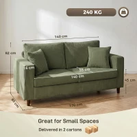 HOMCOM Loveseat Sofa with Wide Seat, Corduroy 2 Seater Couch with Deep Seat, Spring Cushion, Green(m-3)