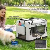 PawHut Transportín Perros Gatos Plegable 60x42x44 cm Correa para Coche Cojín Lavable Cuenco Plegable 2 Bolsillos Gris Claro(m-7)